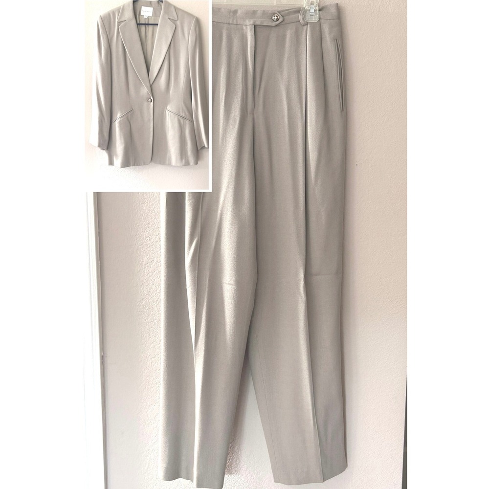 Field Manor Womens 2 Piece Pant Suit Taupe Single Button Blazer Pleated Trousers